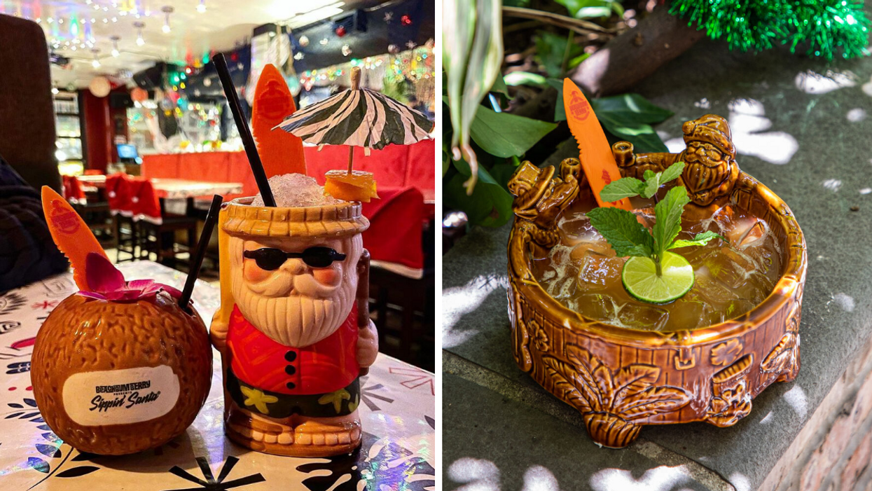 Cocktails in coconut and Santa glassware. Right: Giant tropical Christmas cocktail for two.