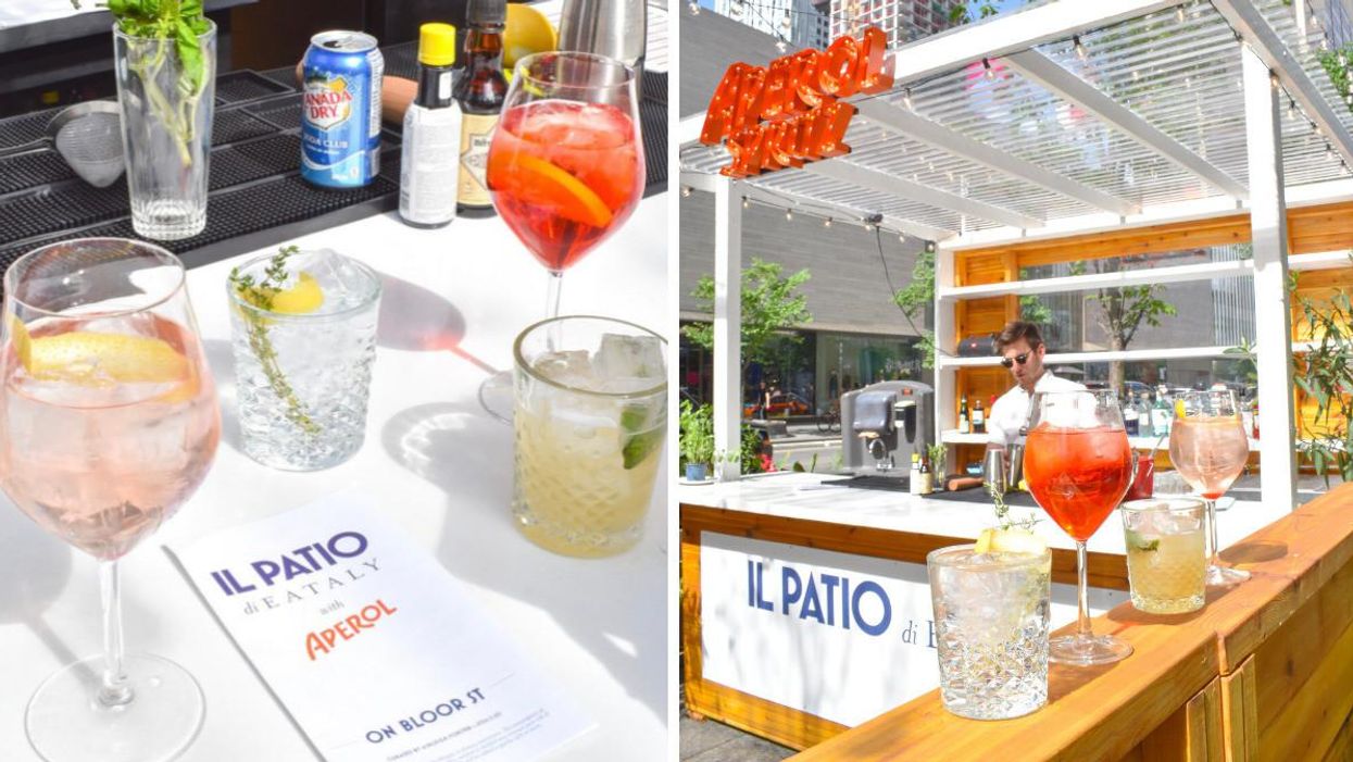 Cocktails on a table. Right: An outdoor bar with drinks.