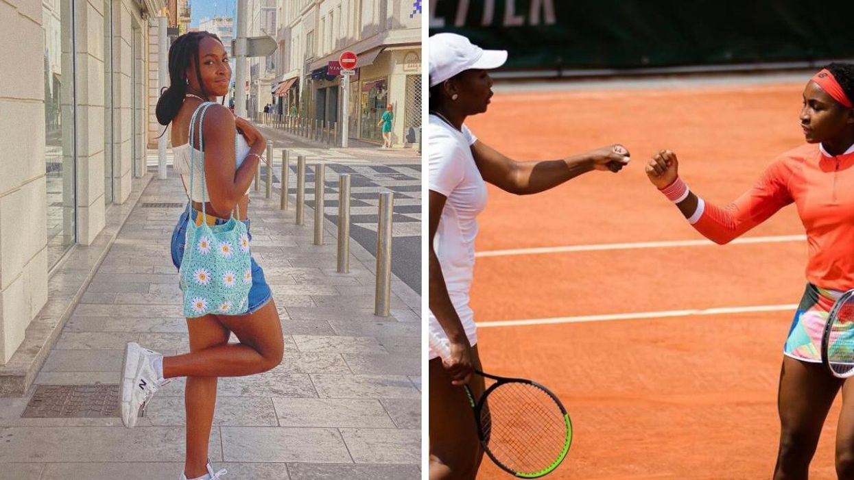 Coco Gauff in Cannes Beach, France. Right: Coco Gauff and Venus Williams fist bumping on a tennis court.