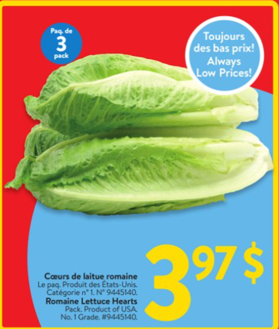 Coeurs de laitue romaine dans la circulaire du Walmart.