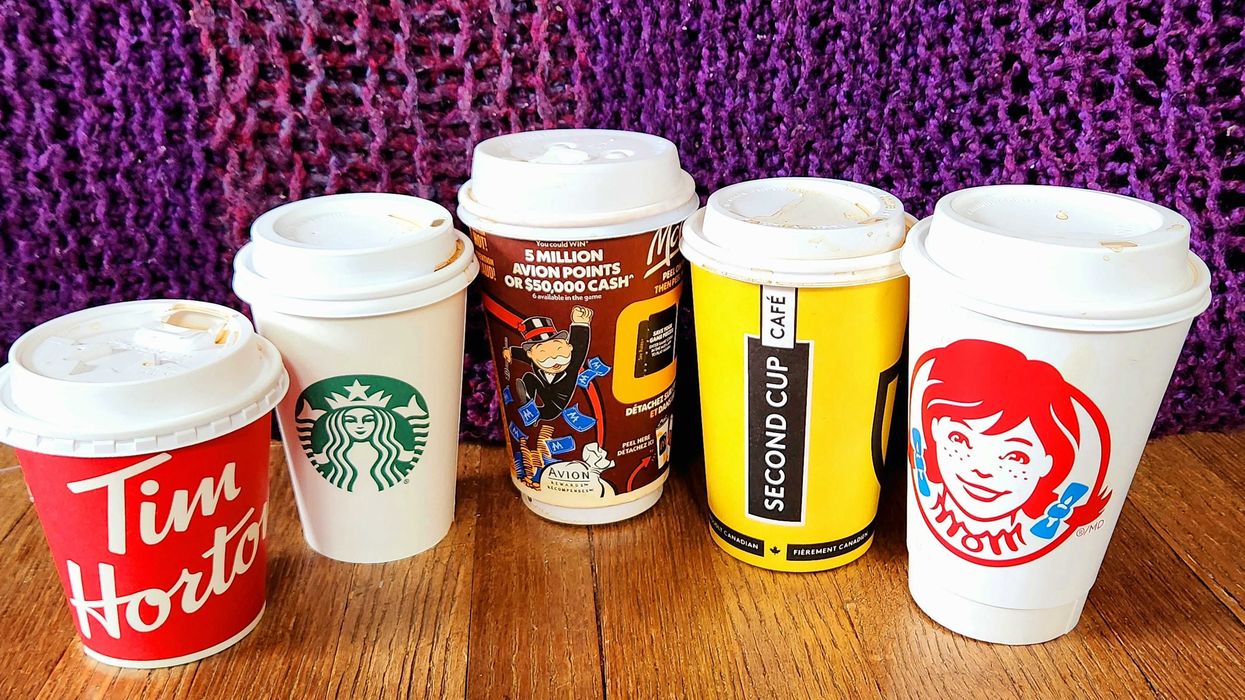 Cofee from Tim Hortons, Starbucks, McDonald's, Second Cup and Wendy's.