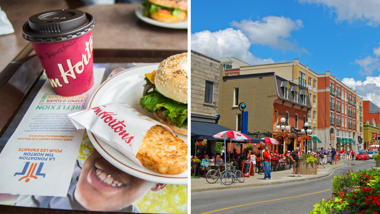 Coffee and breakfast from Tim Hortons. Right: A Byward Market street in Ottawa.