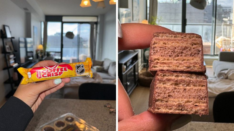 Coffee Crisp in a wrapper. Right: Coffee Crisp cut in half.