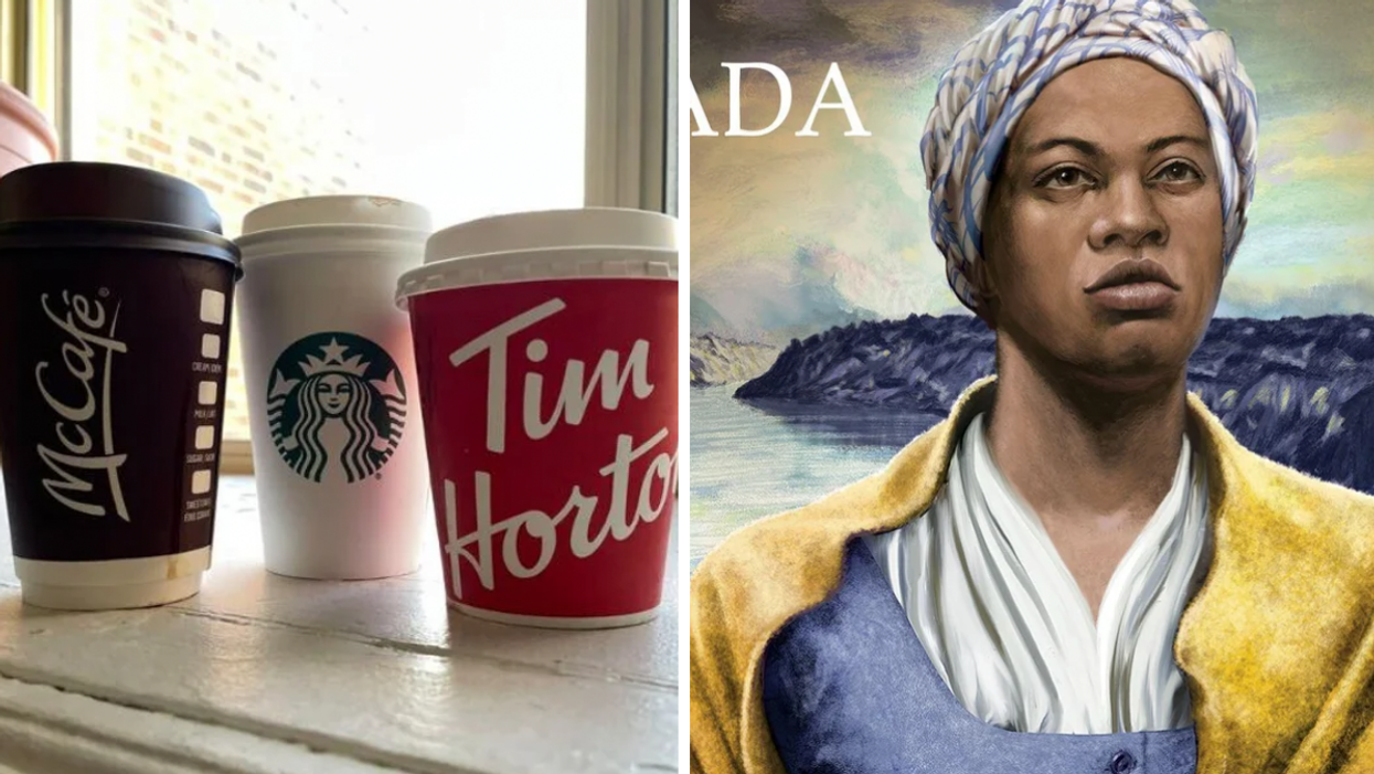 Coffees from McDonald's, Starbucks and Tim Hortons. Right: Canada Post's Black History Month stamp honouring Chloe Cooley.