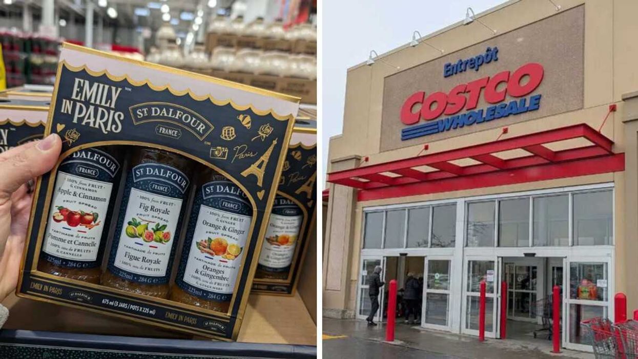 Coffret Emily in Paris vendu au Costco. Droite: Façade d'un Costco.