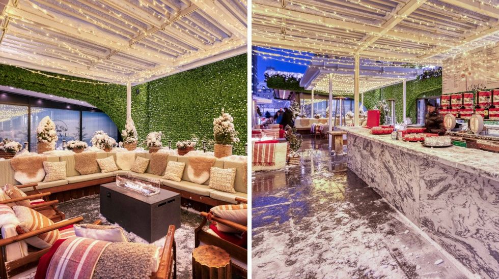 Coin lounge de la terrasse Belvu avec des divans beige, des coussins en fourrure et des jet\u00e9s. Droite : Vue du long bar en marbre de la terrasse Belvu.