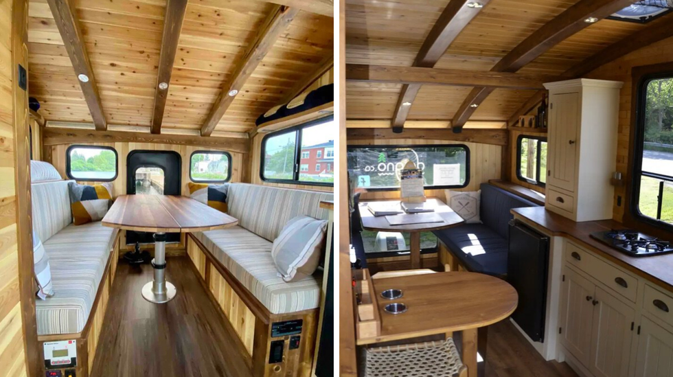 Coin salle \u00e0 manger. Droite : Cuisine et salon-lit.