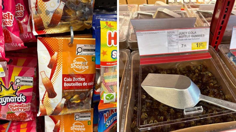 Cola bottle gummies at Dollarama. Right: Cola bottle gummies at Bulk Barn.