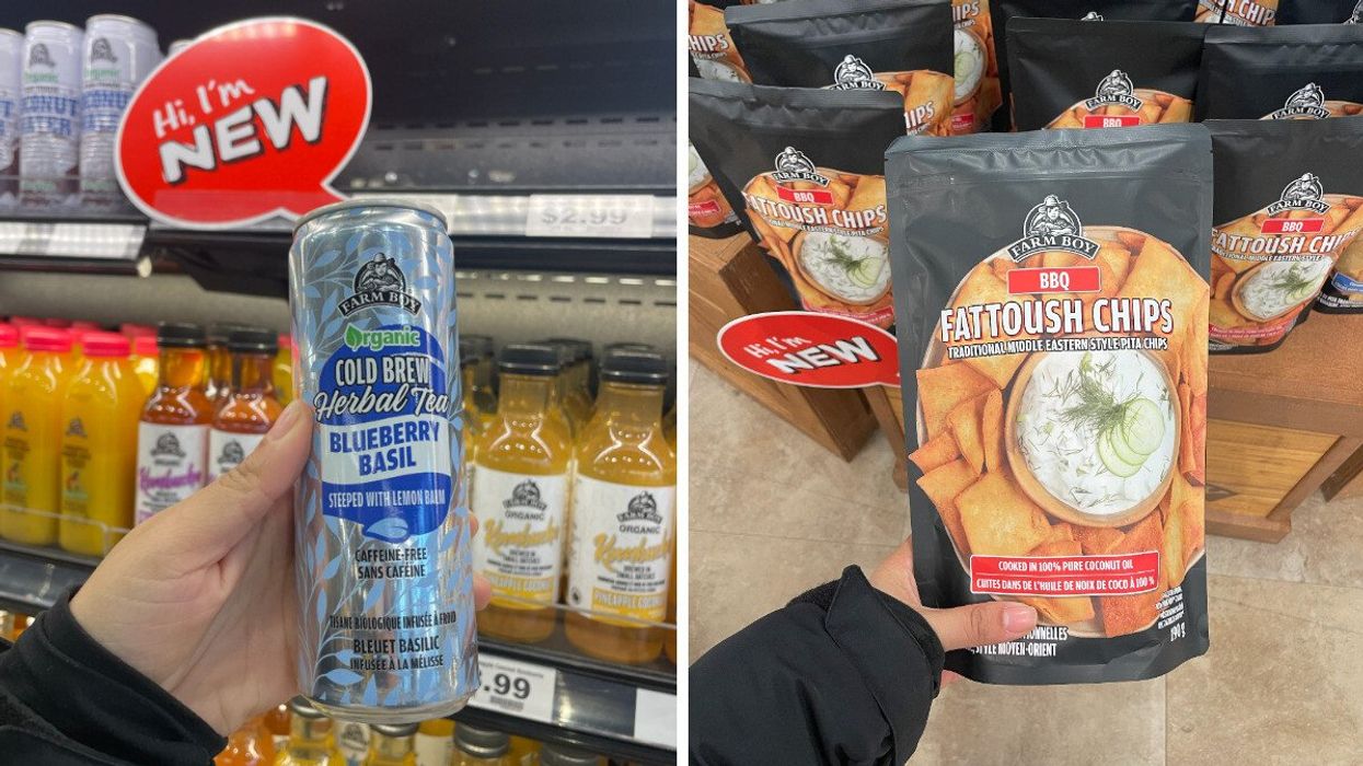 Cold Brew Herbal Tea from Farm Boy. Right: BBQ-flavoured Fattoush Chips.