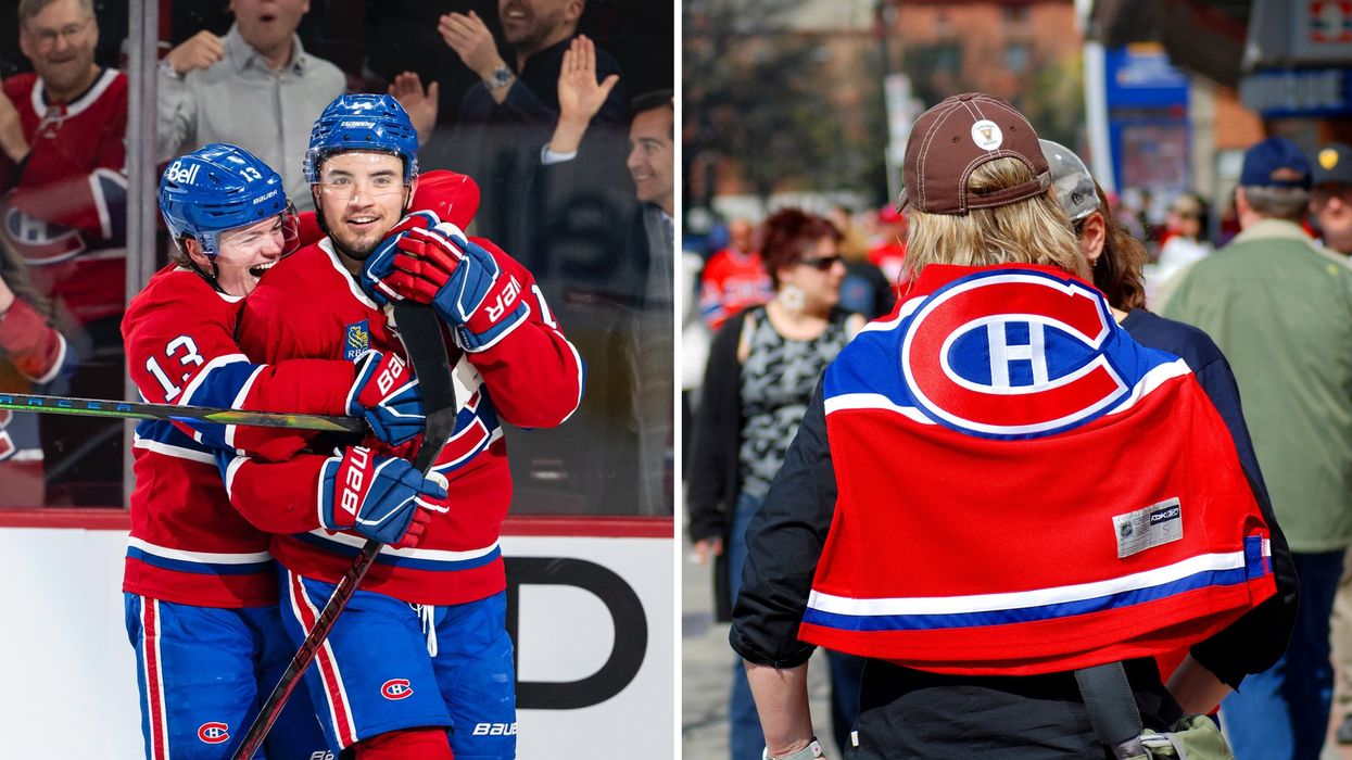 Cole Caufield et Nick Suzuki. À droite : une personne et un chandail du CH.