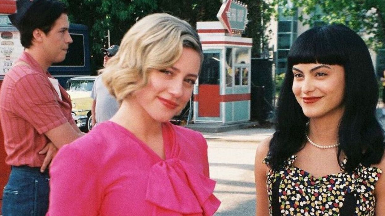 Cole Sprouse (Jughead), Lili Reinhart (Betty Cooper) and Camila Mendes (Veronica Lodge) on the set of Riverdale.