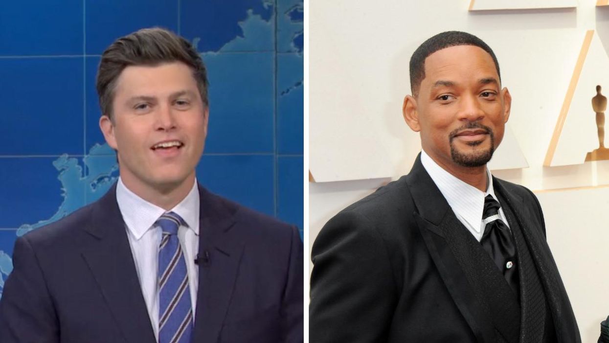 Colin Jost on Saturday Night Live. Right: Will Smith at the Oscars.