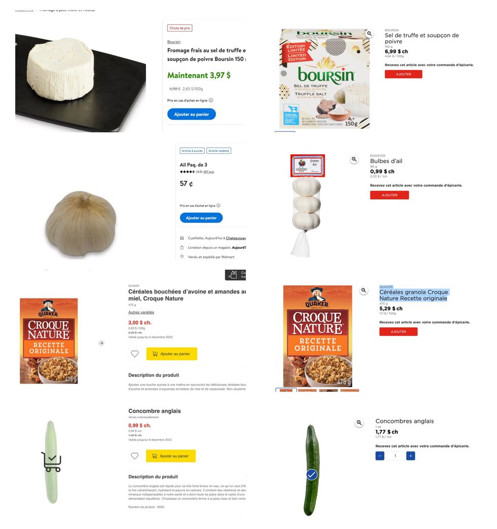 Collage d'une comparaison des prix d'aliments vendus au Maxi, au Super C et au Walmart.