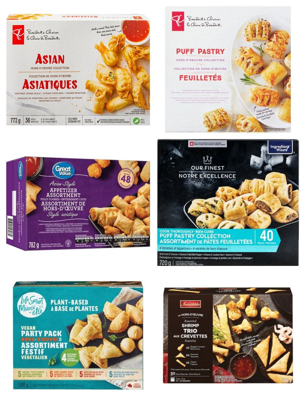 Collage de boites d'assortiments de bouch\u00e9es du Maxi, du Super C et du Walmart, sur fond blanc.