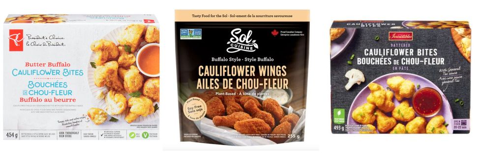 Collage des boites de bouch\u00e9es de chou-fleur des marques le Choix du Pr\u00e9sident, Sol Cuisine et Irresistibles.