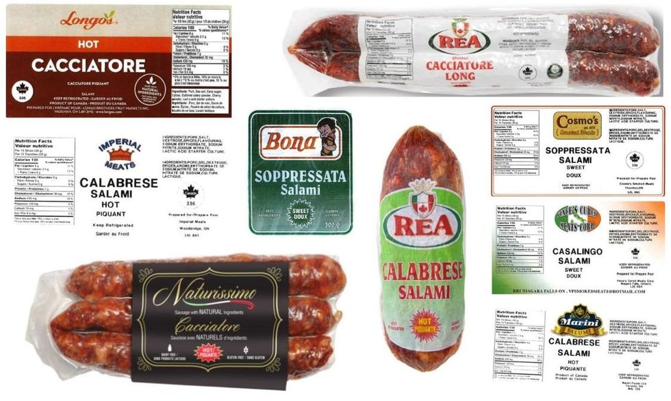 Collage of various salami labels and packages.