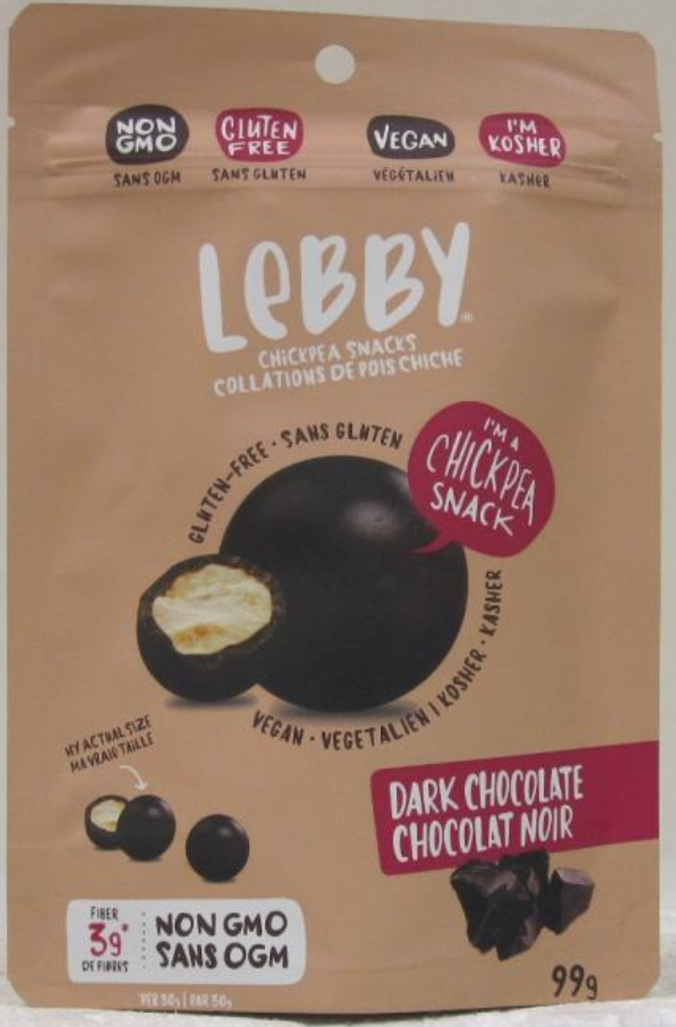Collations de pois chiche au chocolat noir de la marque Lebby.