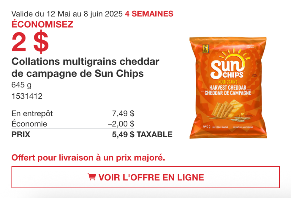 Collations multigrains cheddar de campagne de Sun Chips dans la circulaire en ligne du Costco.