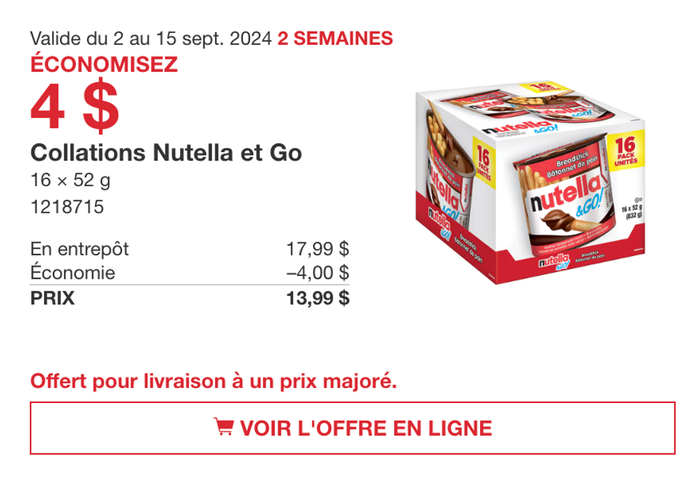Collations Nutella et Go en rabais au Costco.