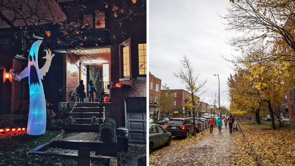 Collecte de bonbons. Droite : Montréal sous la pluie.