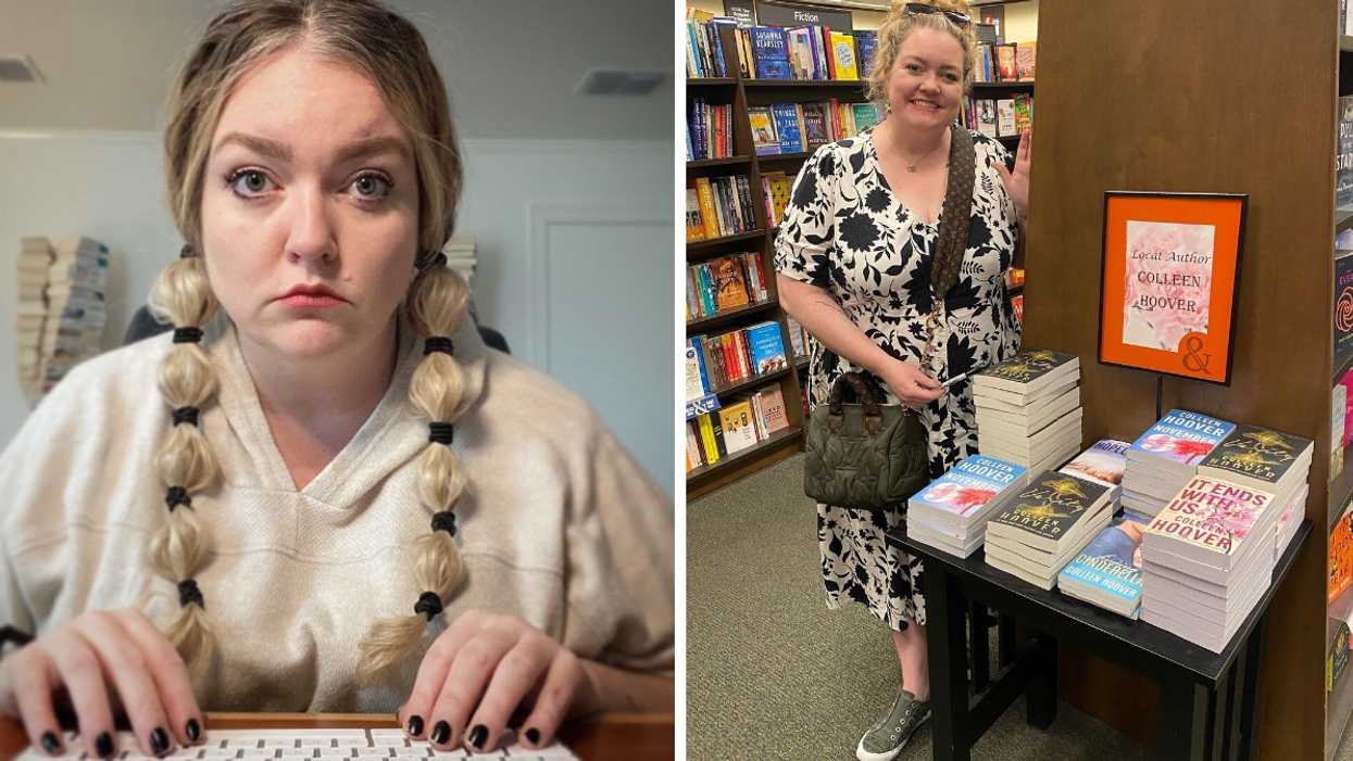 Colleen Hoover posing with her keyboard. Right: Hoover posing with a display of her books at a store in Texas.