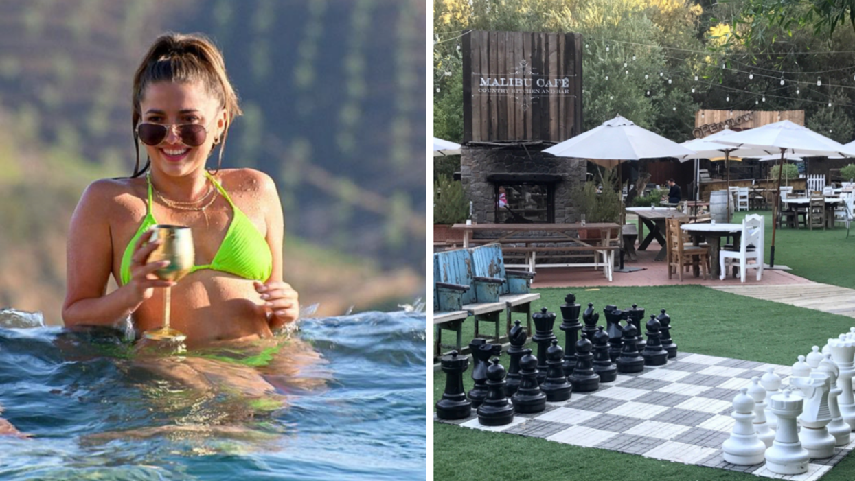 Colleen Reed in the pool in Malibu, CA. Right: The Calamigos Resort in Malibu, CA.