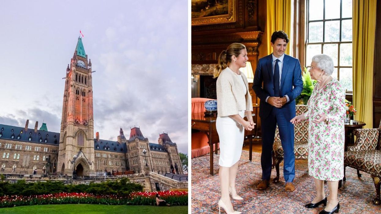 Colline parlementaire. Droite : Sophie Grégoire, Justin Trudeau et Elizabeth II.