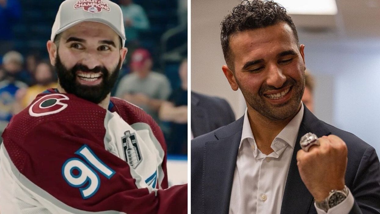 Colorado Avalanche forward Nazem Kadri smiles after winning the Stanley Cup. Right: Nazem Kadri looks at his Stanley Cup ring.