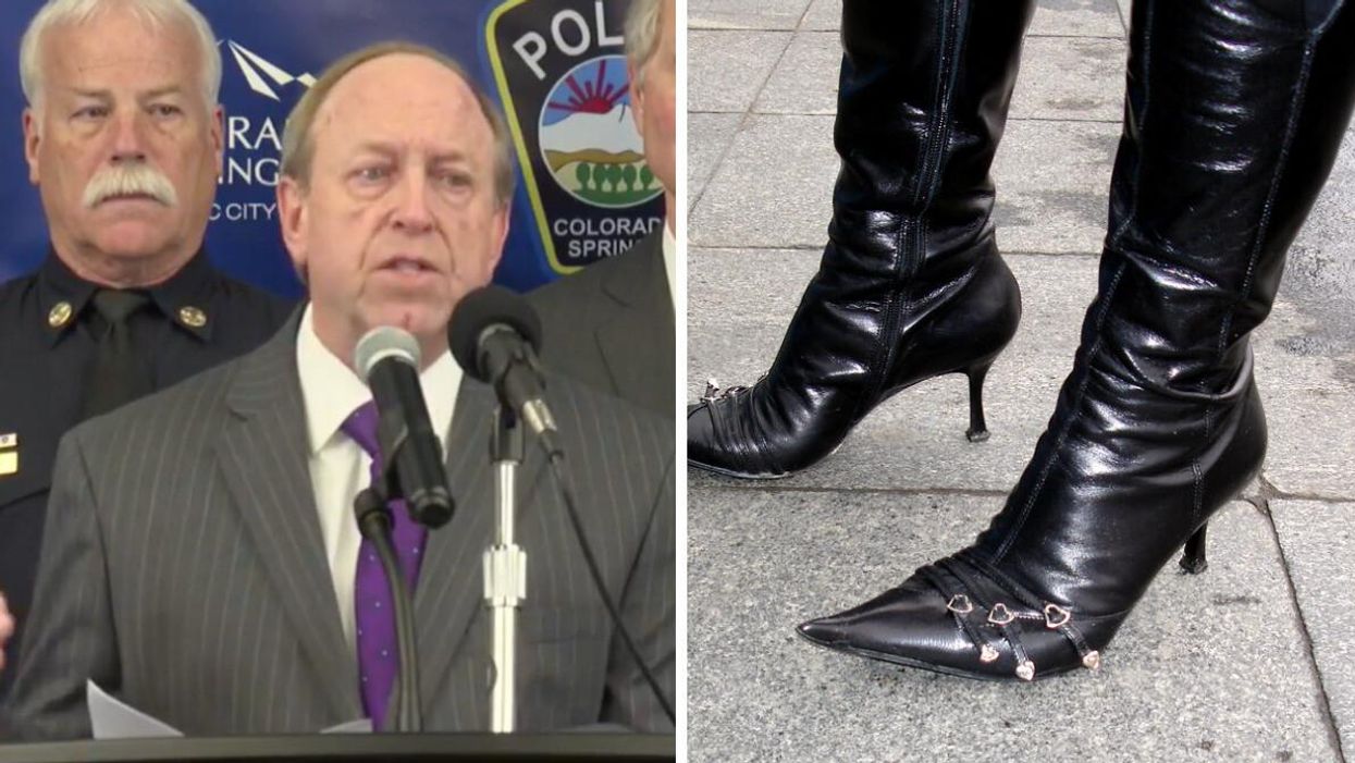 Colorado Springs Mayor John Suthers at a news conference. Right: high-heeled boots.