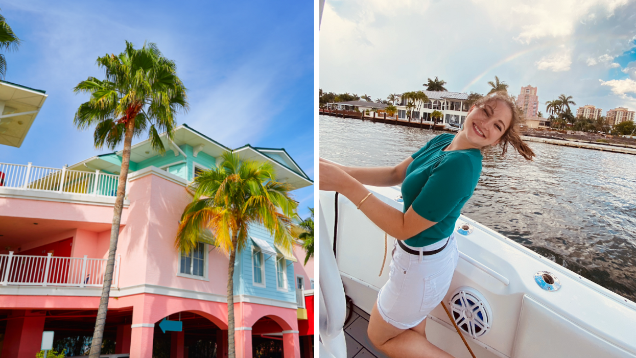 Colorful buildings and palm trees in Florida. Right: Associate Editor, Jenna Kelley, on a boat in Florida.