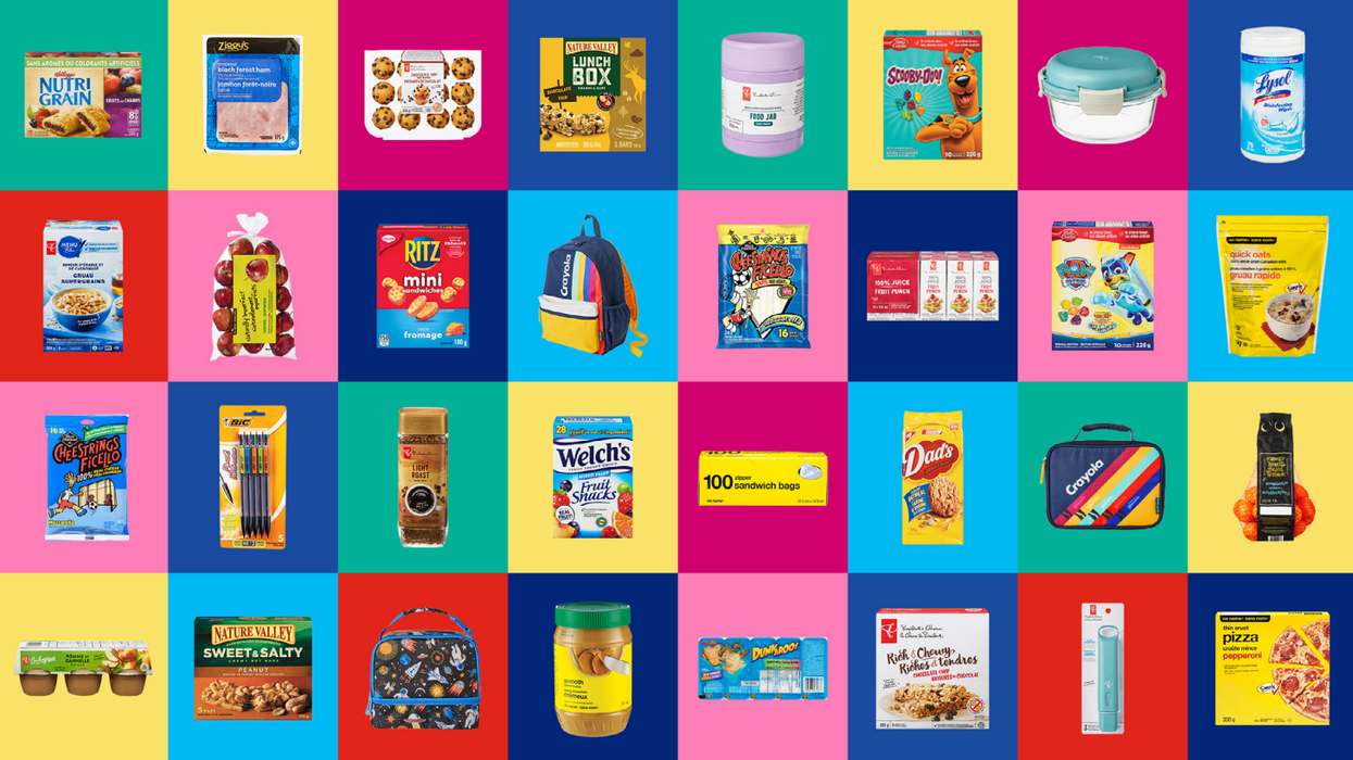 Colorful collage of back-to-school essentials including snacks, drinks, lunch boxes, and school supplies.