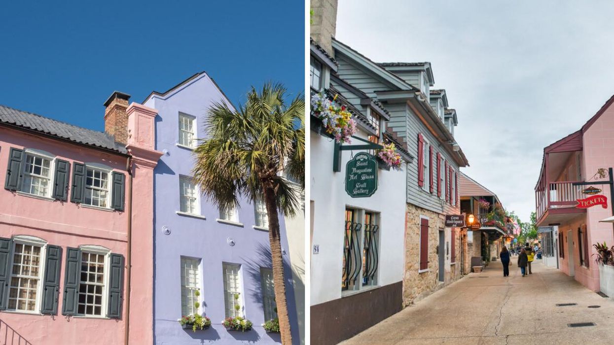 Colorful houses in historic Rainbow Row in Charleston, South Carolina. Right: City streets with tourists at sunset in Florida.