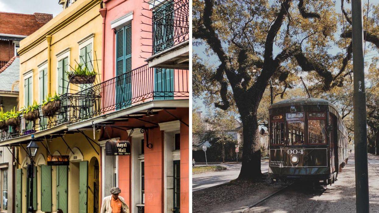 Colorful houses in New Orleans. Right: Uptown bound streetcar.