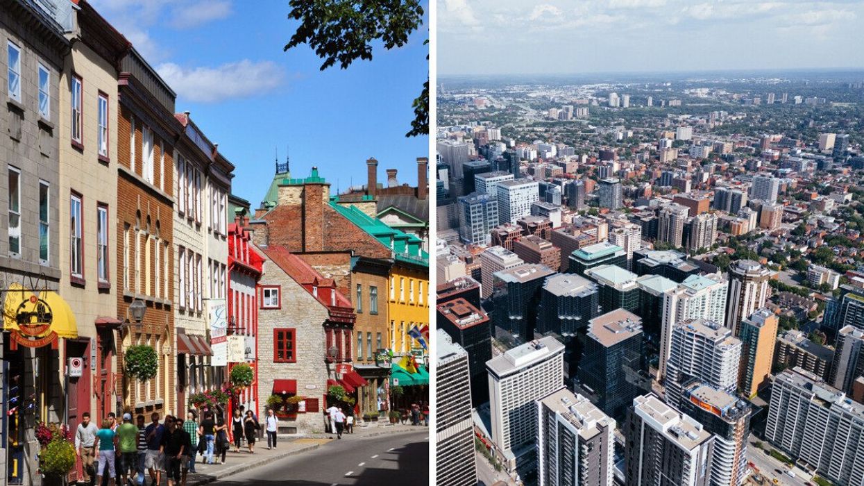 Colorful houses on along a street in Quebec City. Right: Aerial view of buildings in downtown Ottawa.