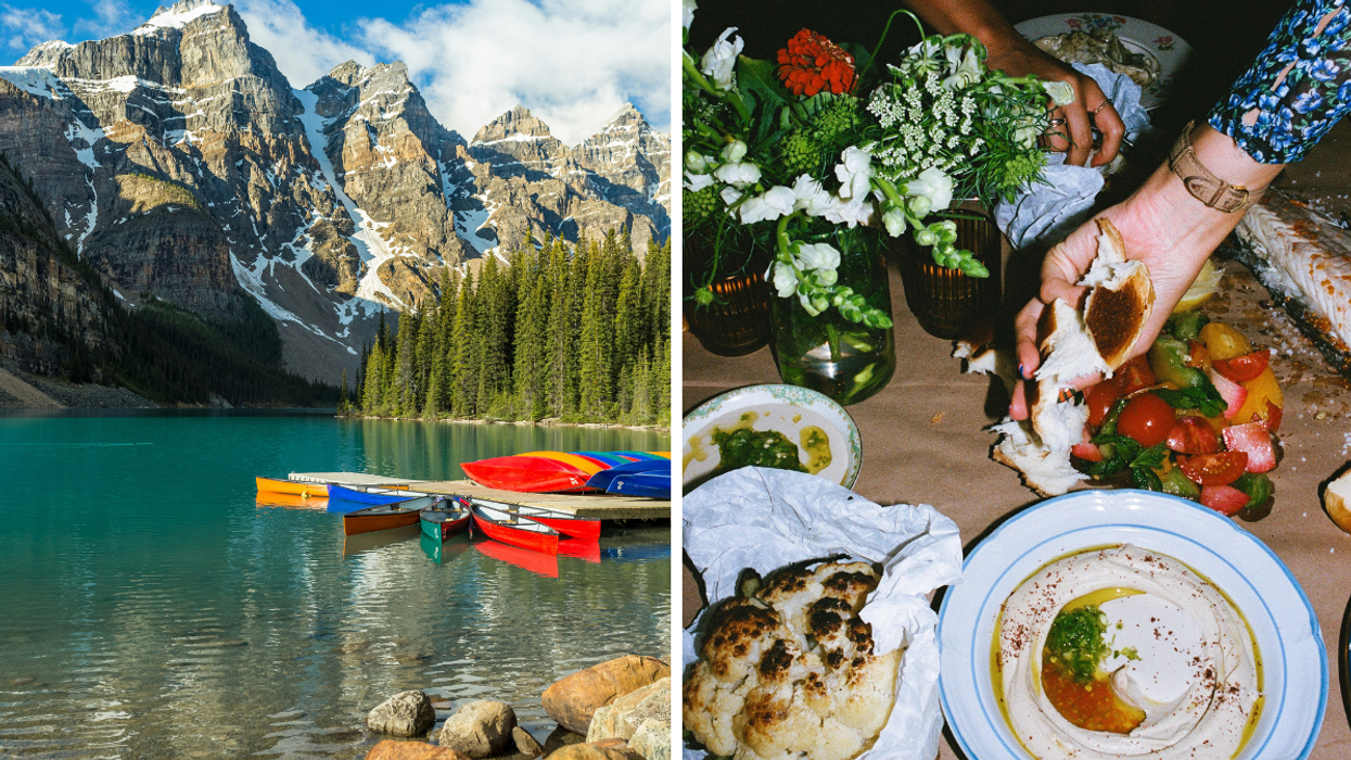 Colorful kayaks lined up on the shore of Moraine Lake with snow-capped Rocky Mountains in the background. Right: Close-up of a table with hummus, salad, bread, and hands sharing food in a lively Mediterranean meal setting.