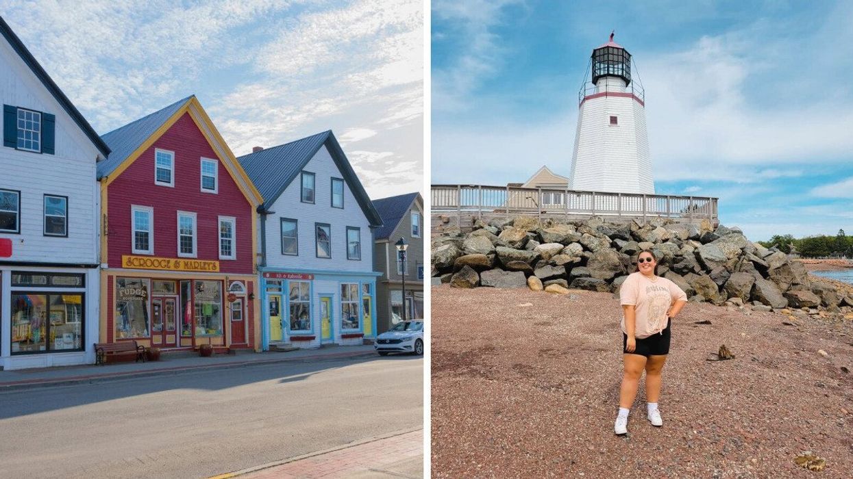 Colourful buildings in a small town in Canada. Right: A person stands in front of a lighthouse in a town in Canada.