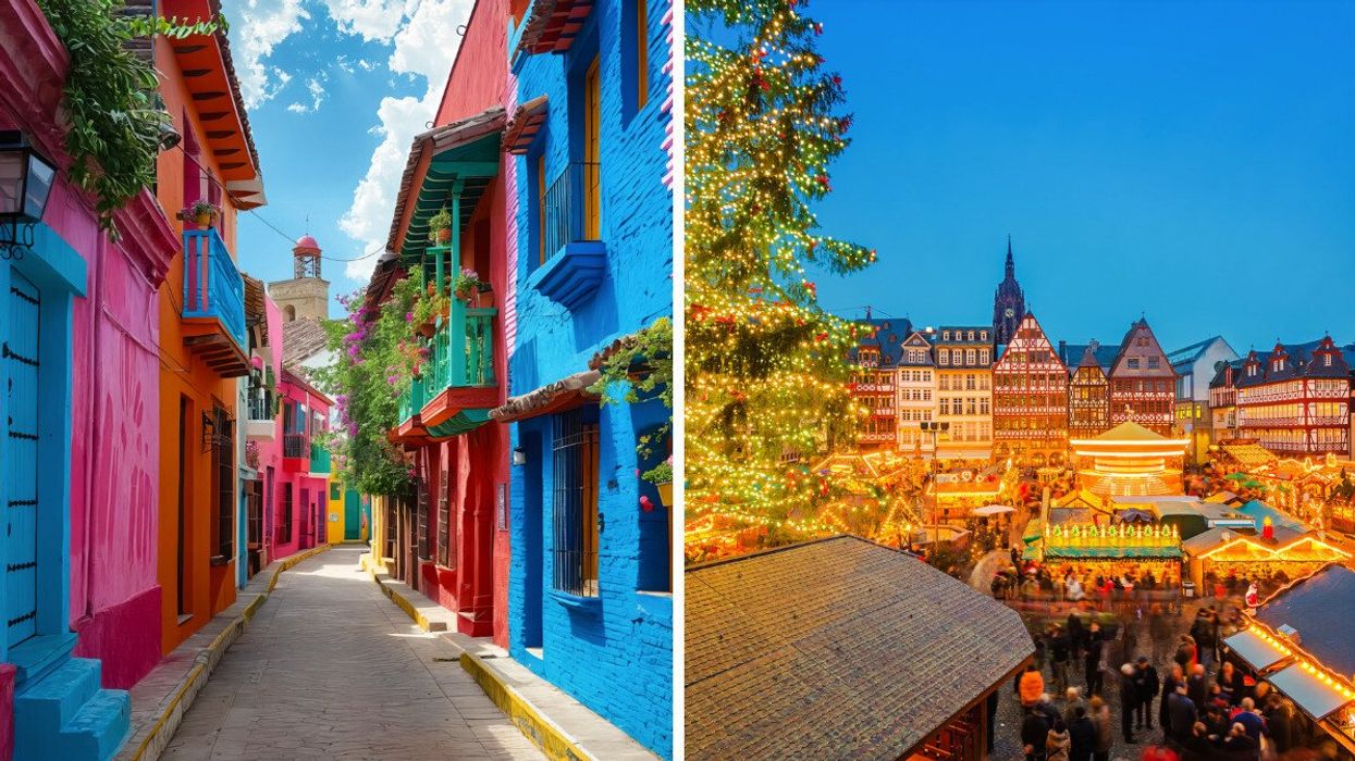 Colourful buildings in the old town of San Miguel de Allende, Mexico. Right: A traditional Christmas market in Frankfurt, Germany.