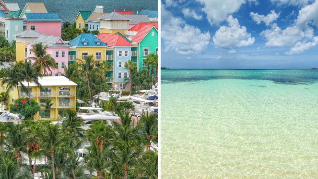 Colourful condos with palm trees. Right: A crystal water beach.