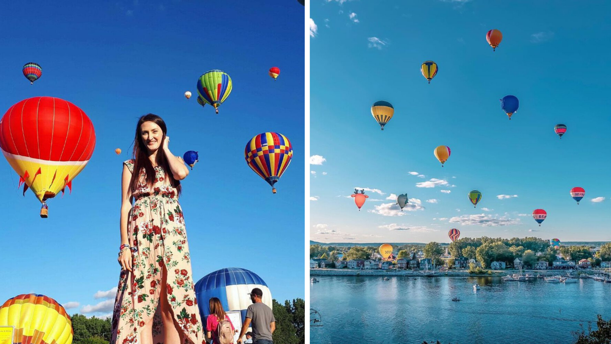Colourful hot air balloons floating over Gatineau near the Ottawa River.