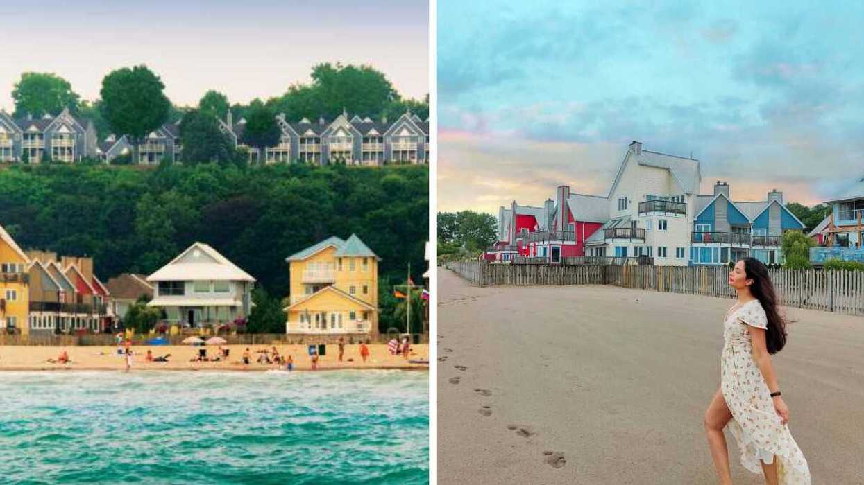 Colourful houses along a beach. Right: A person on a sandy beach.