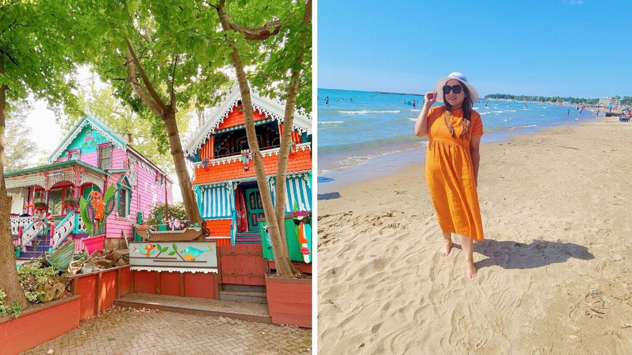 Colourful houses. Right: A person standing on a beach.