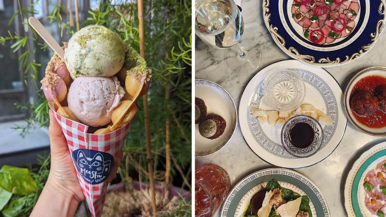 Colourful ice cream in a bubble waffle cone. Right: Various small plates on a marble countertop.