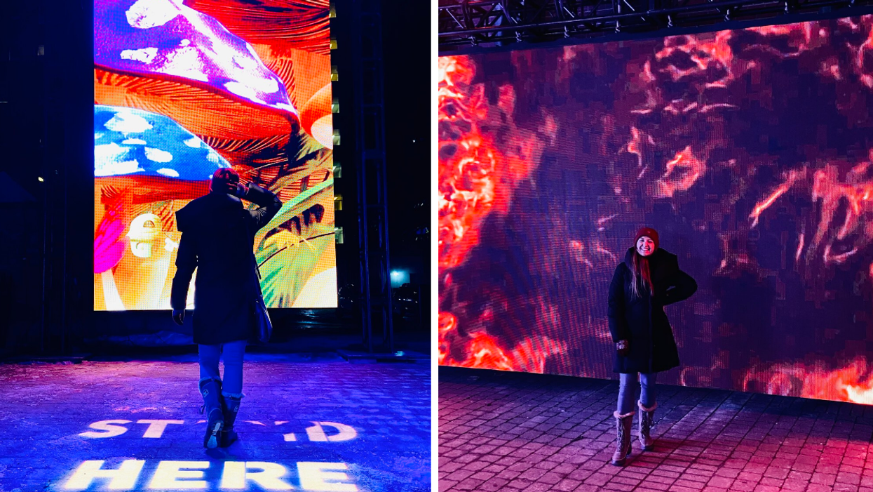 Colourful light installations along Bank Street in Ottawa for the Fire and Ice exhibit.