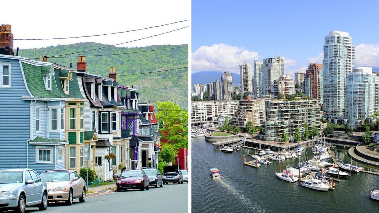 Colourful row houses in St. John's. Right: High-rise condos in Vancouver.