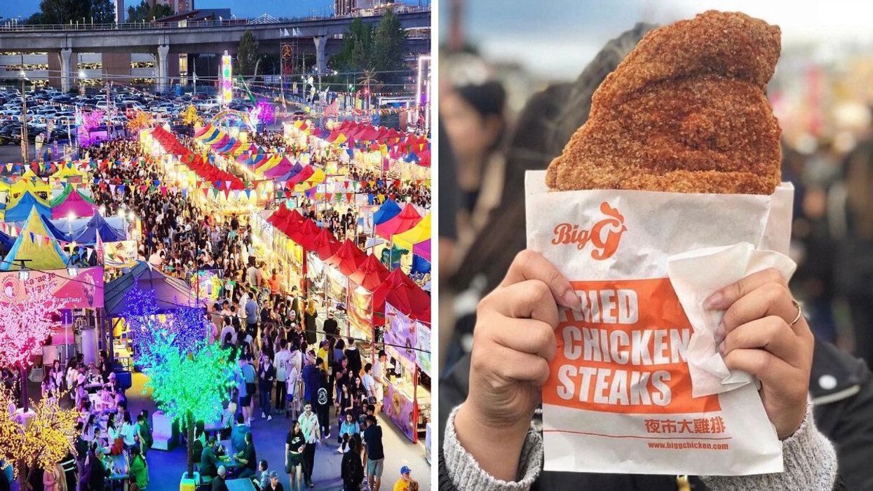 Colourful tents and trees and large crowds of people walking around the market. A person holding up a large fried chicken steak in a white and red bag.