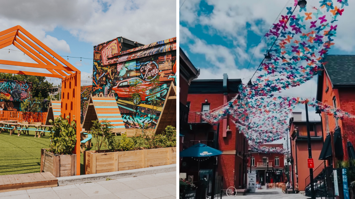 Colourful wall mural next to garden patio. Right: Butterfly canopy art installation in Gatineau.