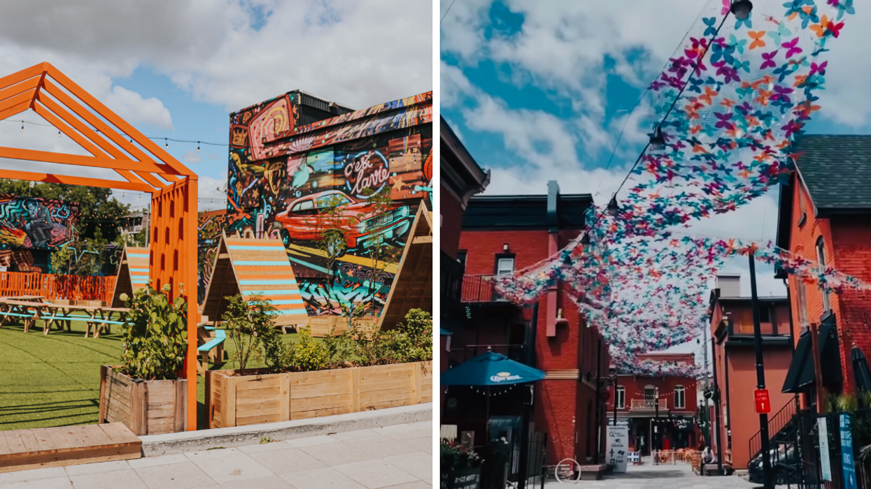 Colourful wall mural next to garden patio. Right: Butterfly canopy art installation in Gatineau.