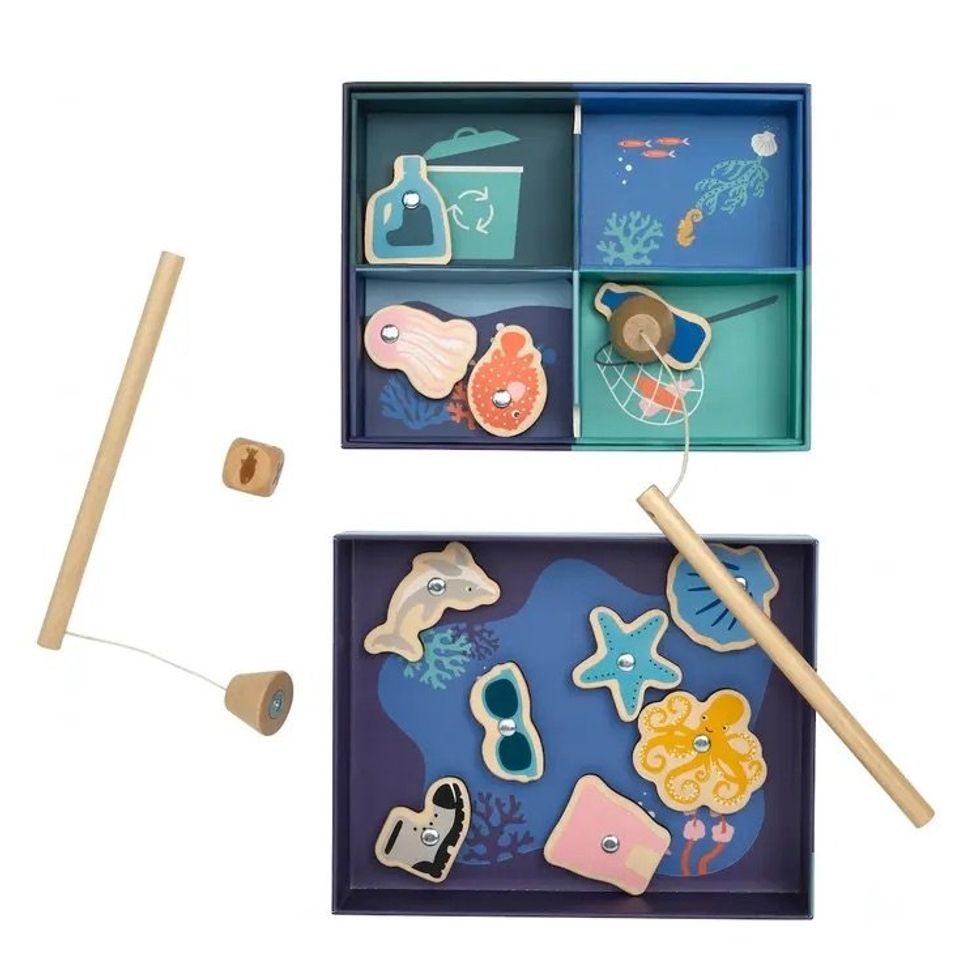 Colourful wooden fishing game toy.