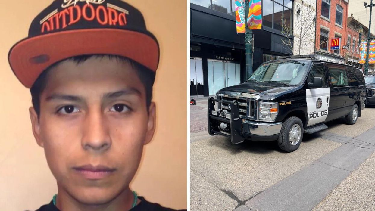 Colton Crowshoe. Right: A Calgary Police vehicle.