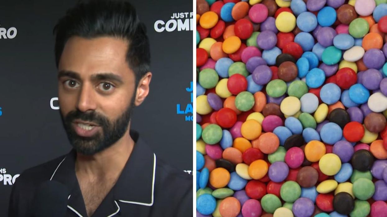 Comedian Hasan Minhaj. Right: Those delightfully bland chocolates known as Smarties.